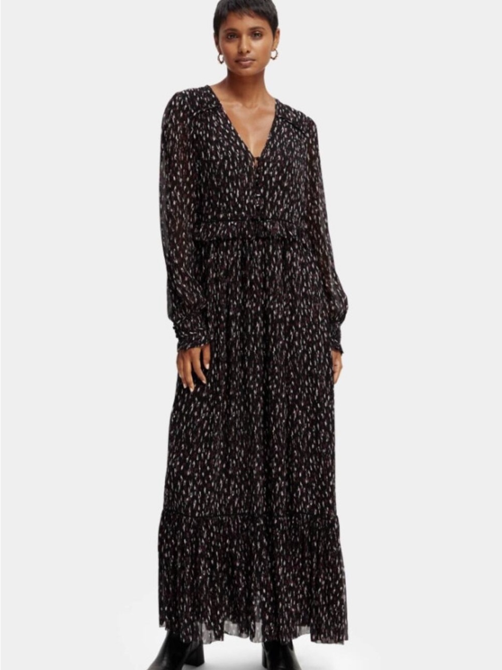 Scotch & Soda Tears Printed Ruffle Long Sleeve Maxi Dress Size 40